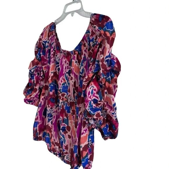 Vince Camuto Sundown Geometric Top Blouse Shirt Boho Brown Blue 3/4 Sleeve L - Picture 6 of 13